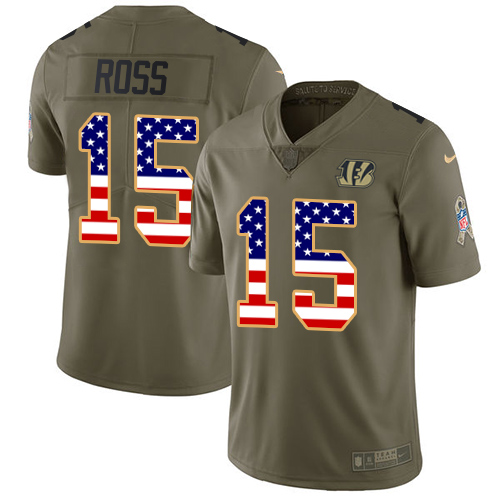Nike Bengals #15 John Ross Olive/USA Flag Men's Stitched NFL Limited Salute To Service Jersey